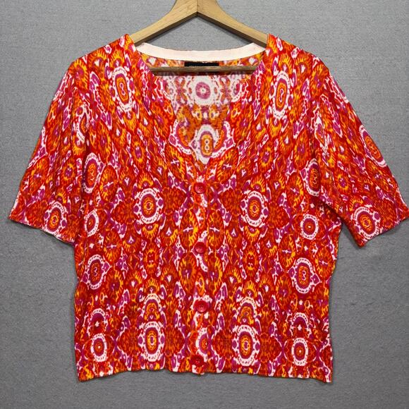 Jones New York Print Cardigan L Short Sleeve Red Pink Orange Bold Statement - Picture 1 of 6